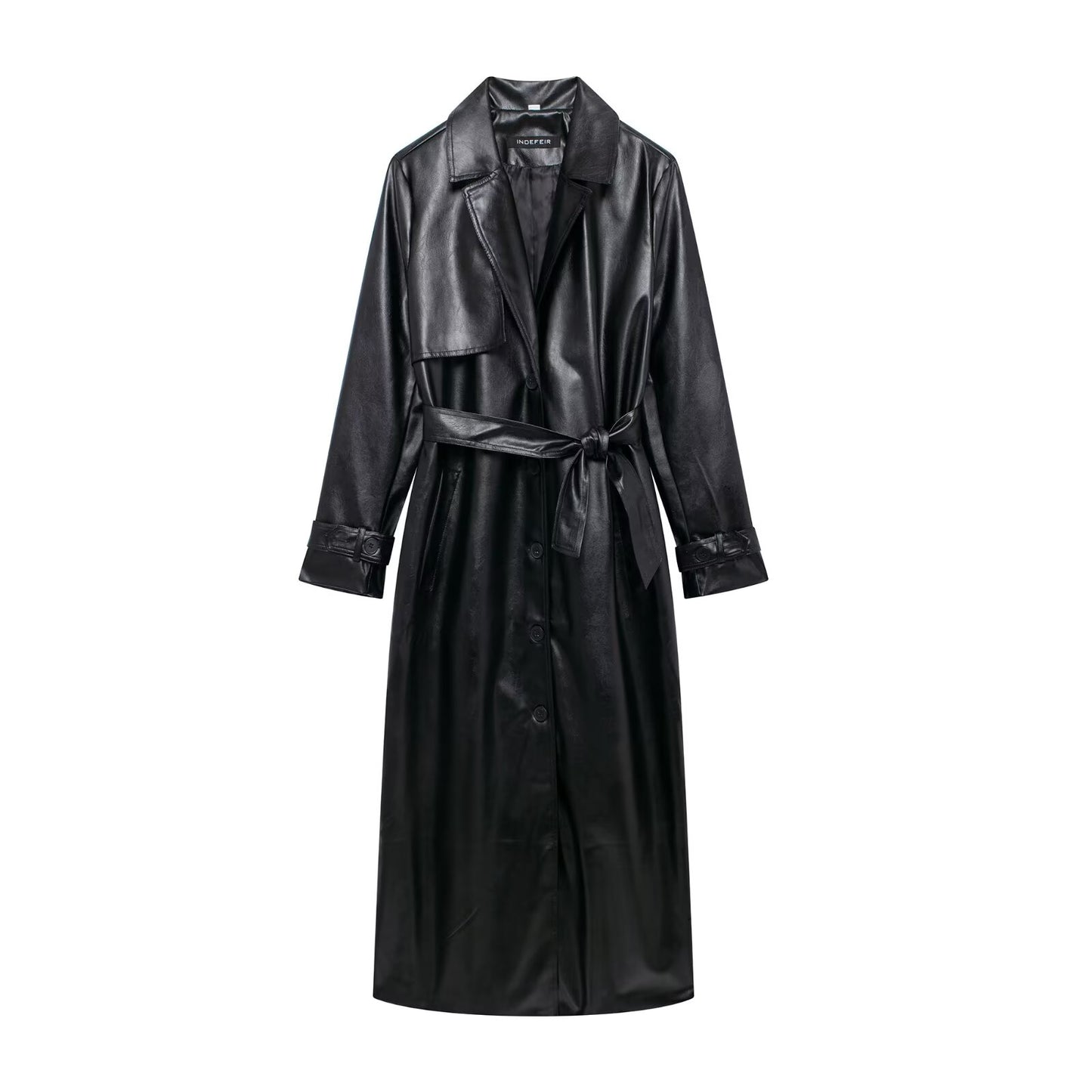 Women Clothing Women Motorcycle Long Leather Coat Waistband Long Leather Coat