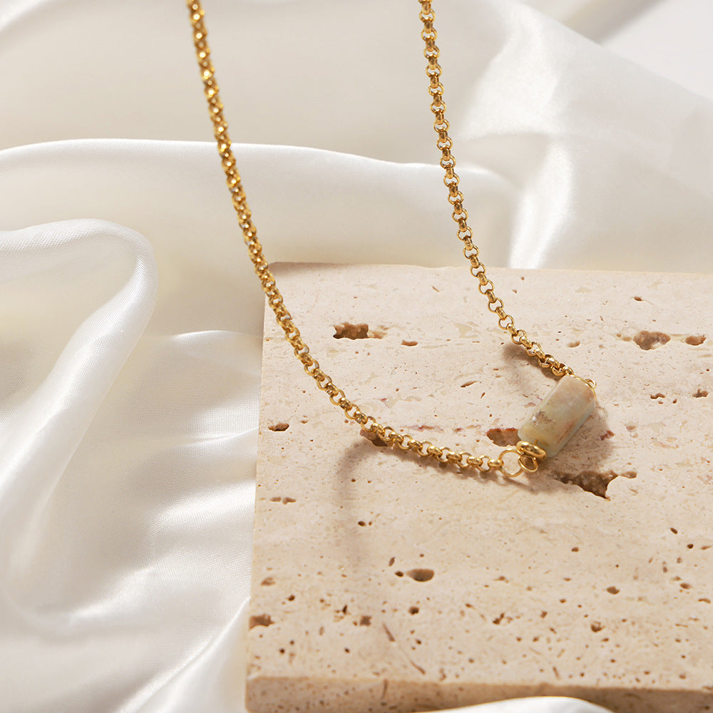 Retro Personalized Minority Titanium Steel Gold Plated Geometric Abstract Irregular Asymmetric Natural Stone Embellished Necklace Ornament Women