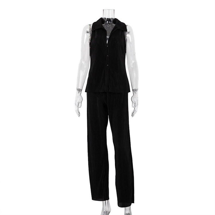 Women Clothing Summer Casual Solid Color Sleeveless Shirt High Waist Trousers Pleated Suit