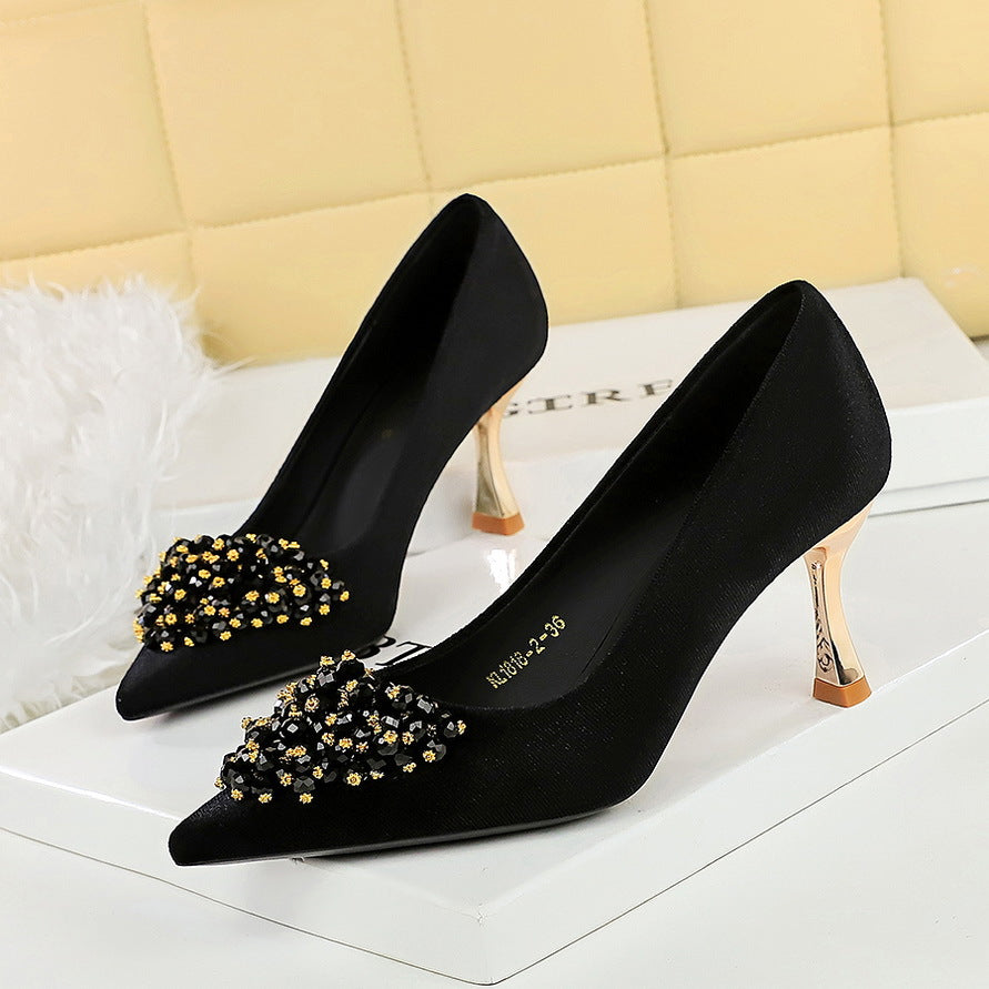Pointed High Heels Stiletto Heel Beaded Metal Floral Shallow Mouth Suede Comfortable High Heel Pumps