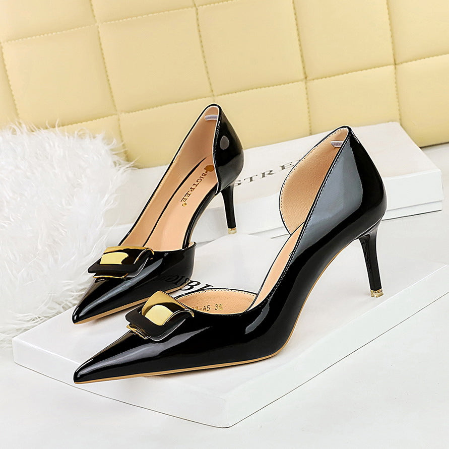 Bright Patent Leather High Heel Shoes Stiletto Low Cut Side Empty Pointed Toe Metal Buckle High Heel Pumps Women Shoes