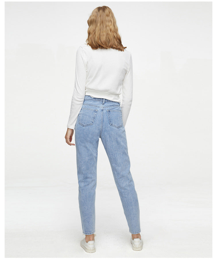 Autumn Women Jeans High Waist Boyfriend Style Loose Straight Wide-Leg Pants Ripped Women Jeans