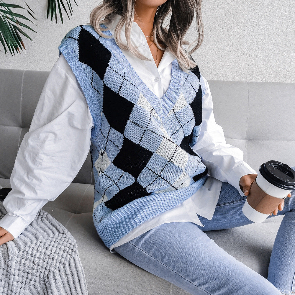Autumn Winter College Style Rhombus V-neck Casual Loose Knit Vest Sweater Women Clothing