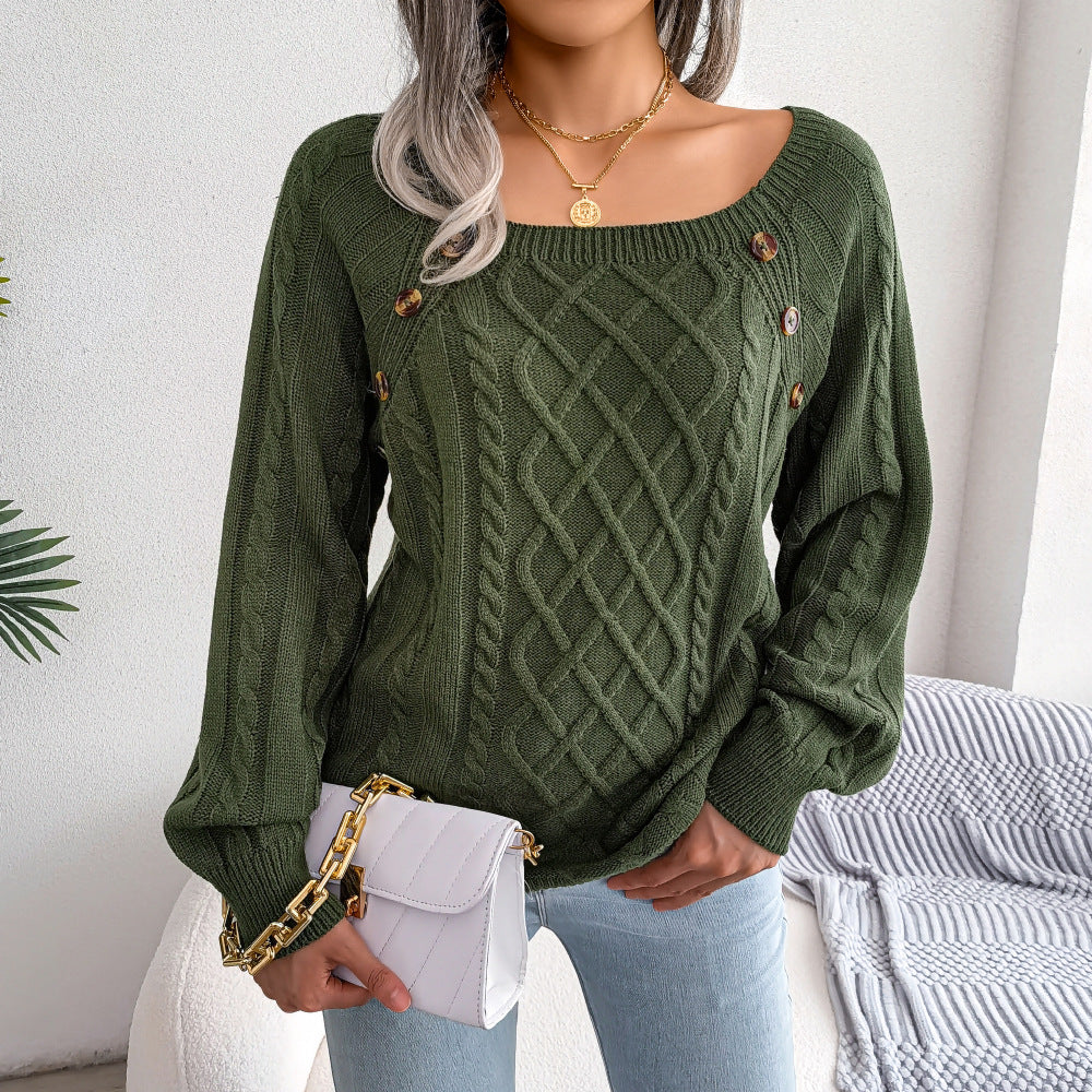 Autumn Winter Leisure Square Collar Clinch Twist Knitted Pullover Sweater Women Clothing