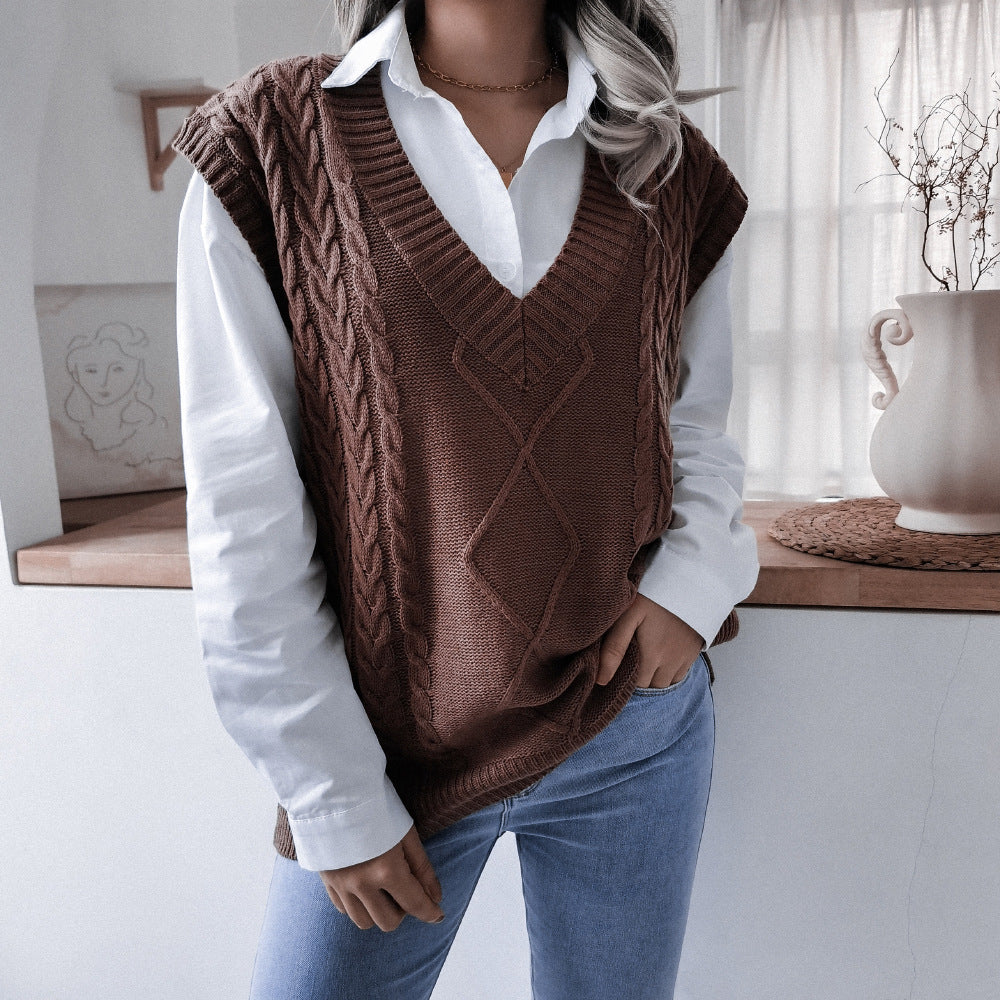 Autumn Winter V-neck Twist Casual Loose Knitted Vest Sweater Waistcoat Women Clothing