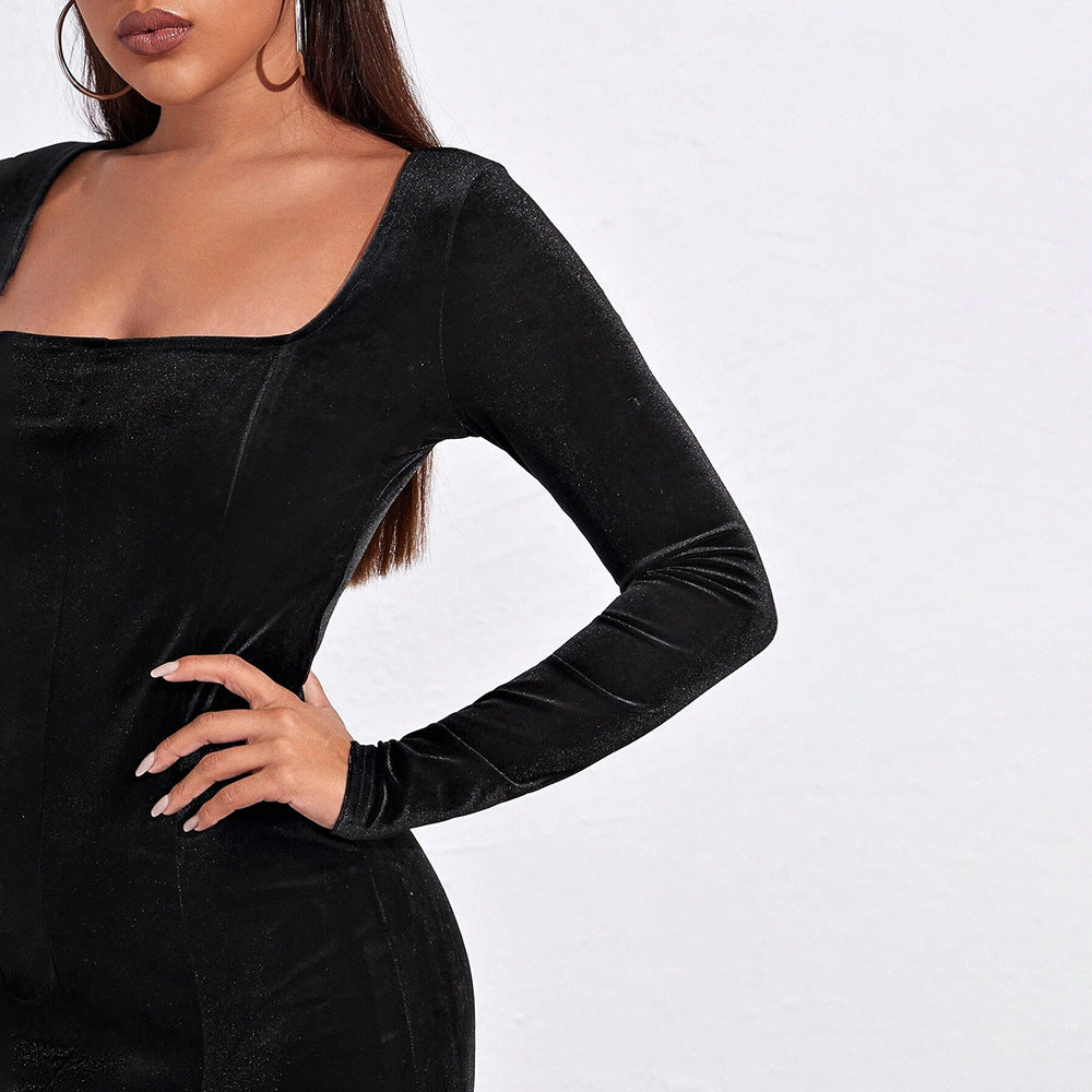 Autumn Winter Women Clothing Sexy Slit Square Collar Hip Velvet Long Sleeves French Dress