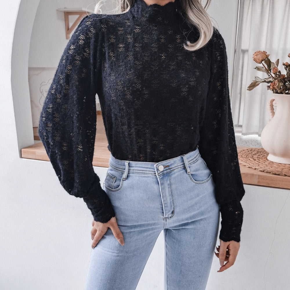 Style Lantern Long Sleeve Stand Collar Lace Shirt Top Women Clothing