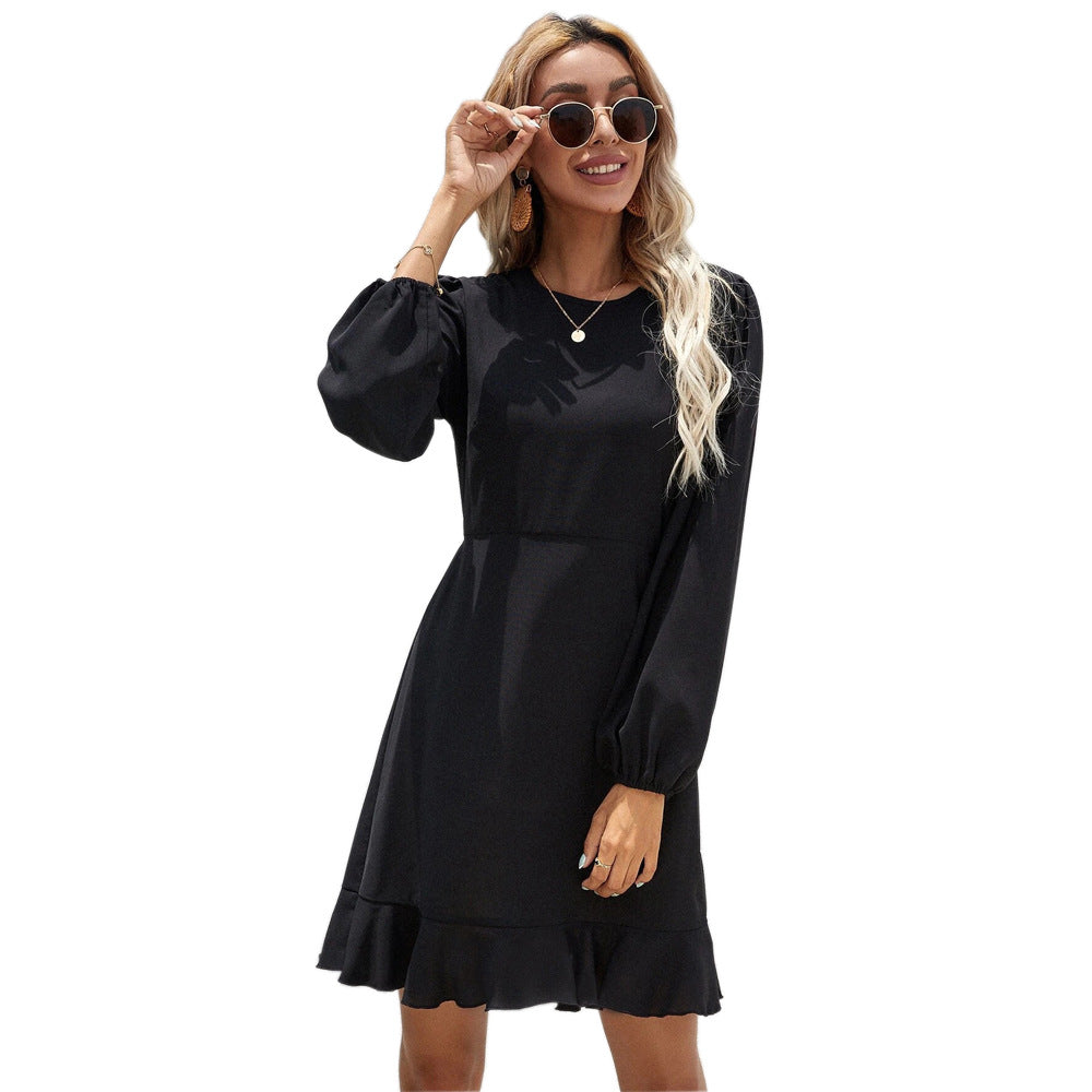 Autumn Winter Women Clothing Sexy Hollow Out Cutout Single-Breasted Waist A- line Flounced Long Sleeve Dress