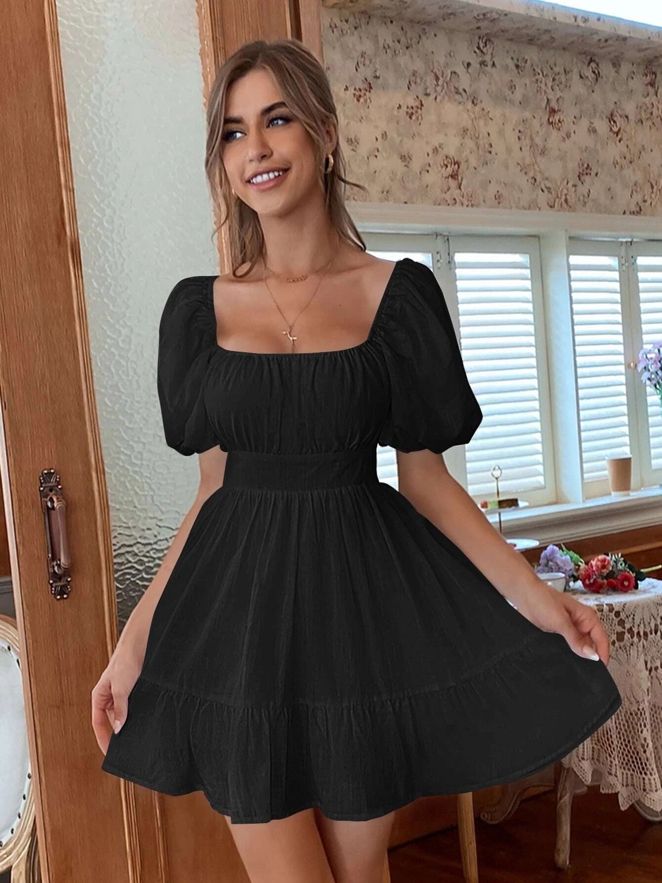 Women Clothing Summer High Waist Sweet Office Short Backless Maxi Dress