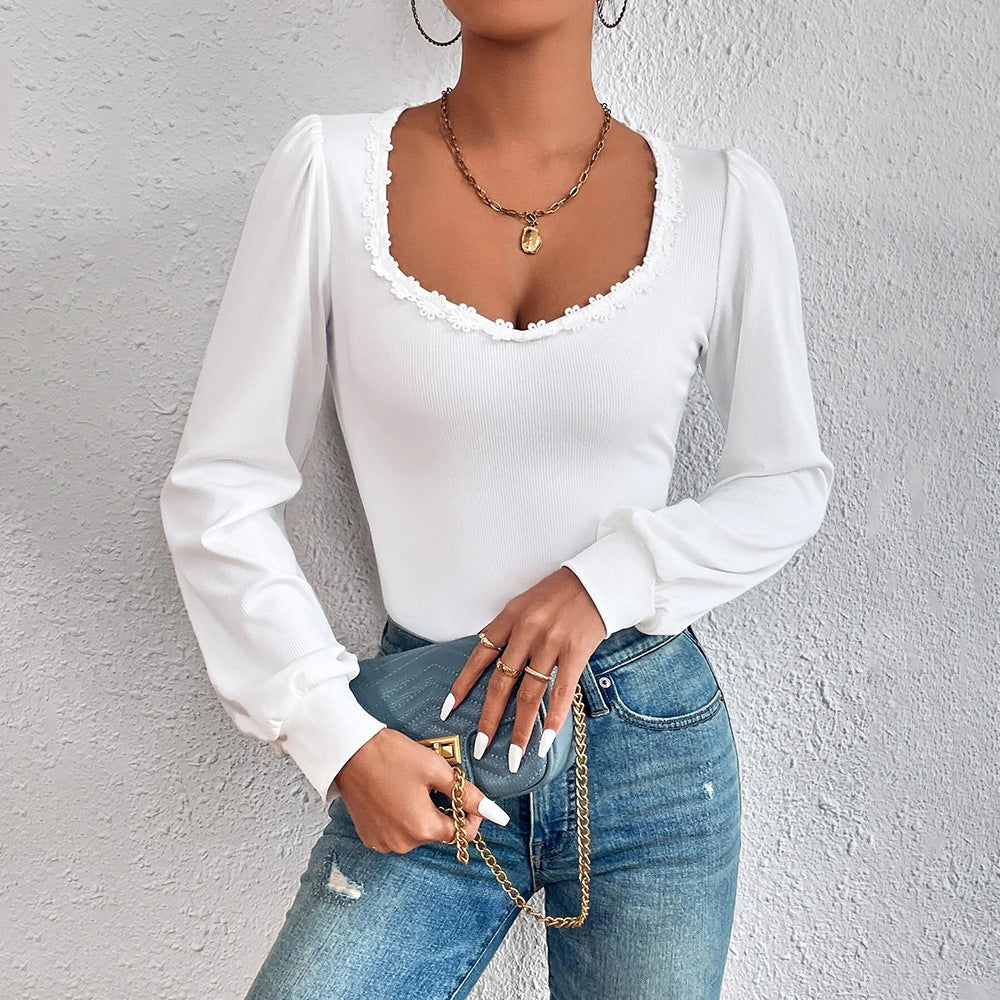 Autumn Winter Women Clothing V neck Puff Sleeve Slim Fitting Women T-shirt Long Sleeve Lace French Top