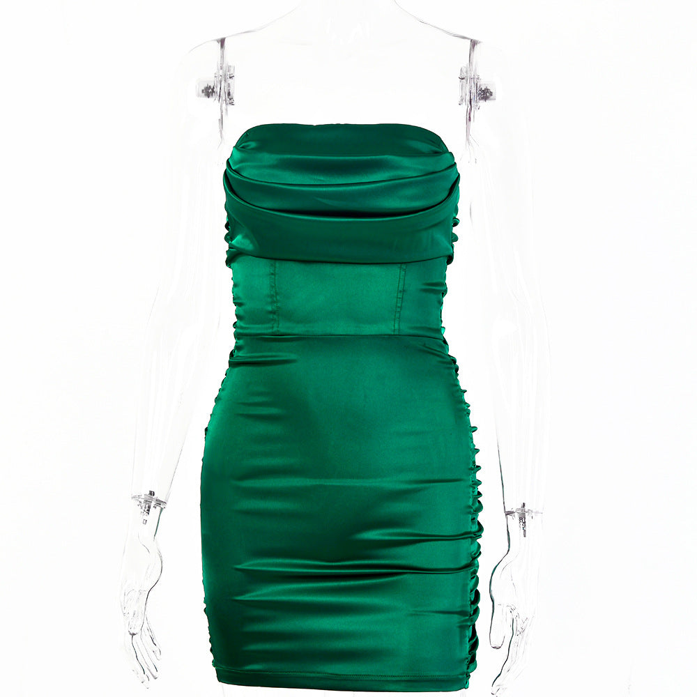 Spring Autumn Women Clothing Sexy Backless Pleated Wrapped Chest High Elastic Satin Hip Dress