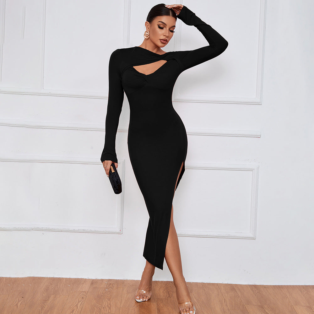 Women Clothes Maxi Dress Slim Sheath Tight Sexy Slit Long Sleeve Christmas Dress