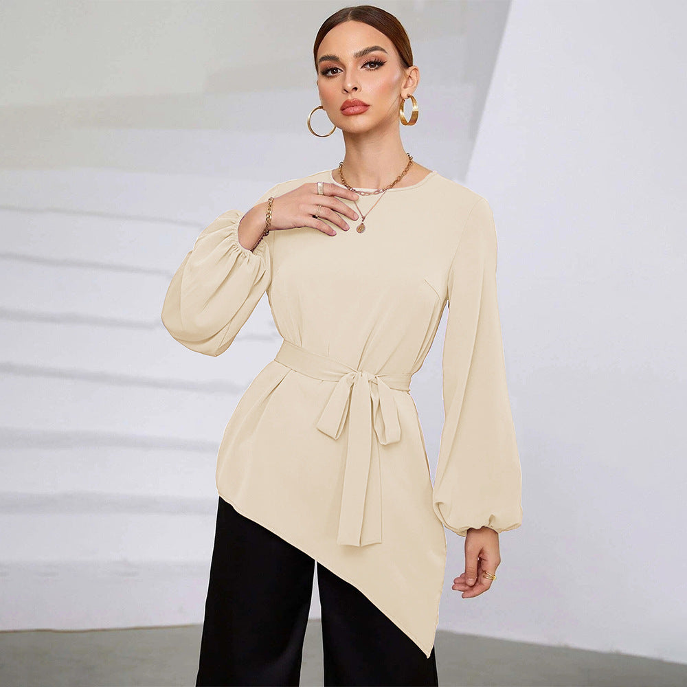 Women Clothing Style Irregular Early Autumn Top Cinched Style Long Sleeve Women Shirt