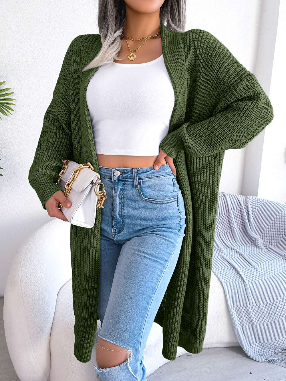 Autumn Winter Leisure Lapel Long Cardigan Sweater Coat Women Clothing