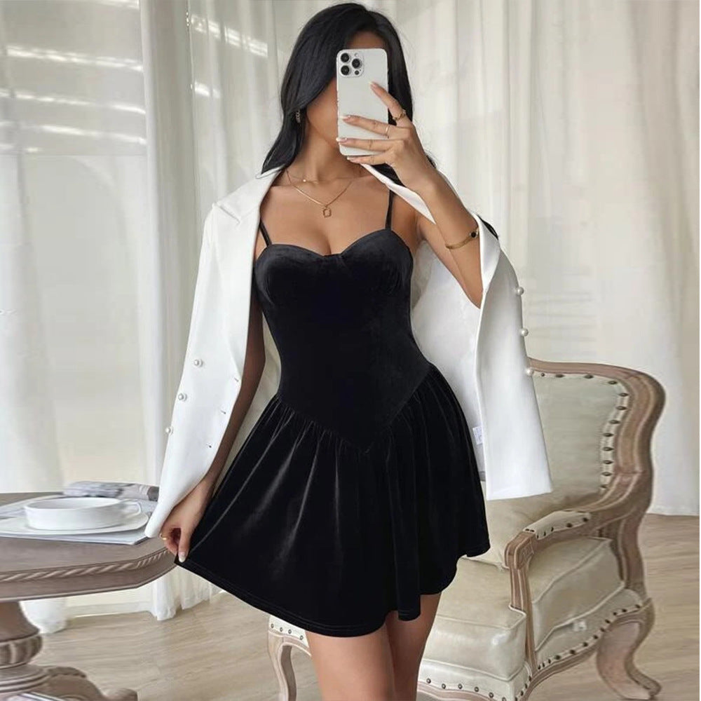 Women Clothing Party Dress Sexy Party Velvet Spaghetti Straps Tuxedo Dress
