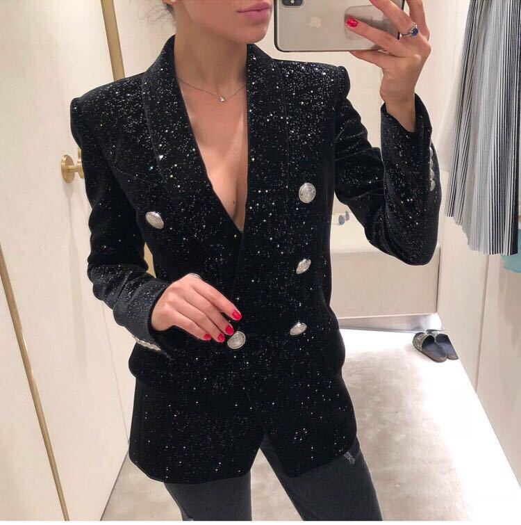 Spring Autumn Blazer Starry Sequined Silver Buckle Waist Tight Velvet Small Blazer for Women