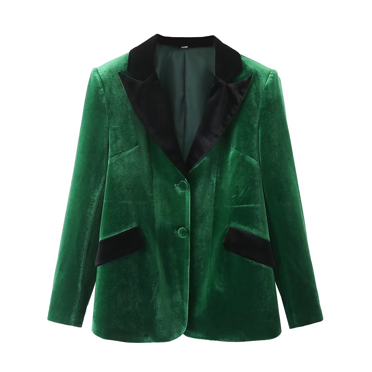 Autumn Women Clothing Green Velvet Diagonal Pocket Blazer