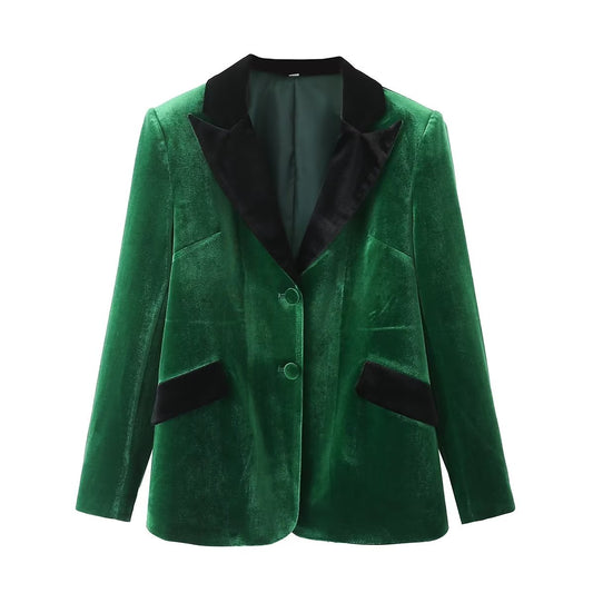 Autumn Women Clothing Green Velvet Diagonal Pocket Blazer