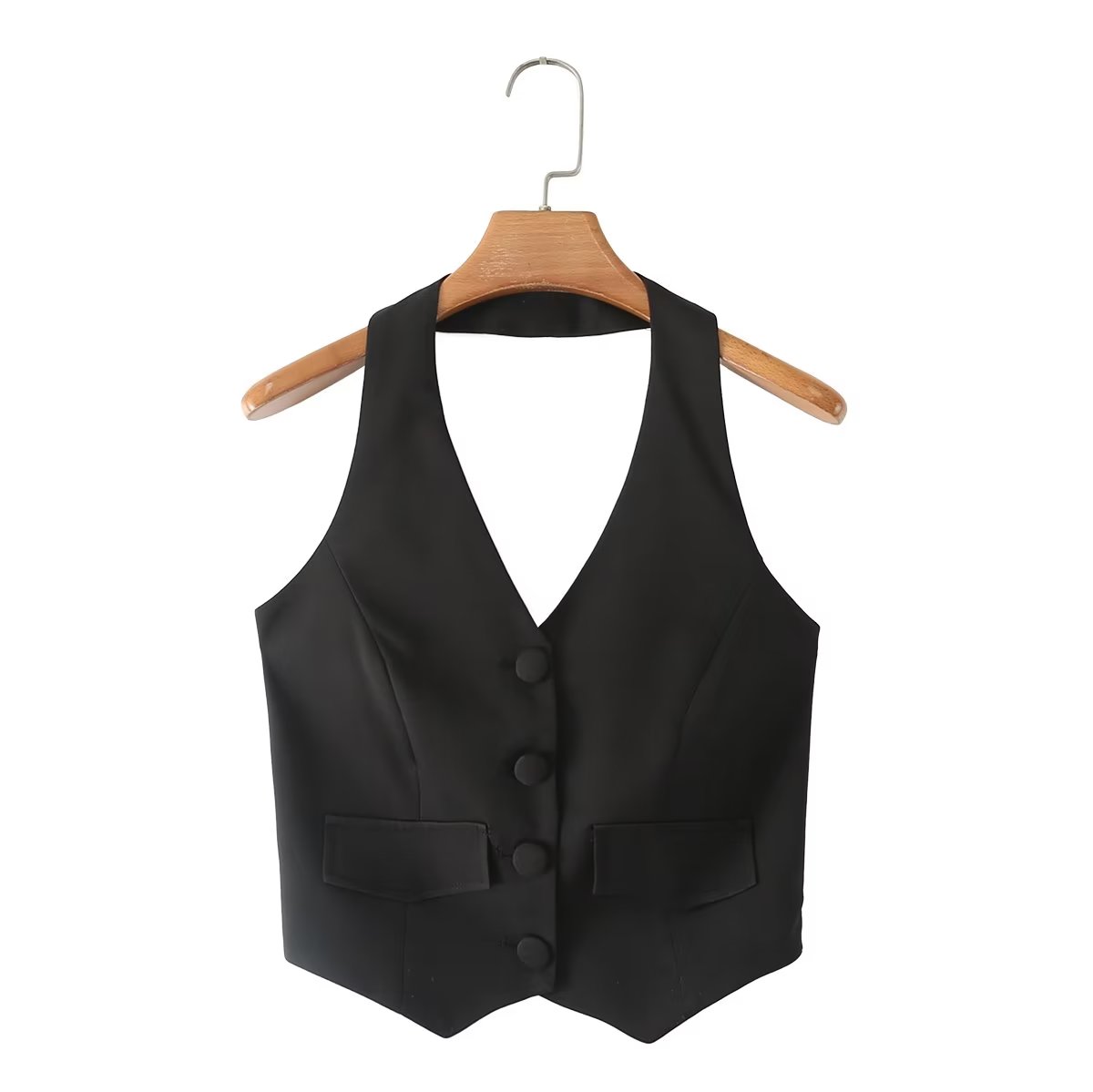 High Waist Slim Black Waistcoat Trousers Suit Flared Trousers