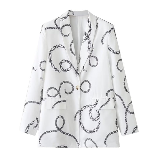 Women Clothing Collared Silk Printed Long Sleeved Blazers