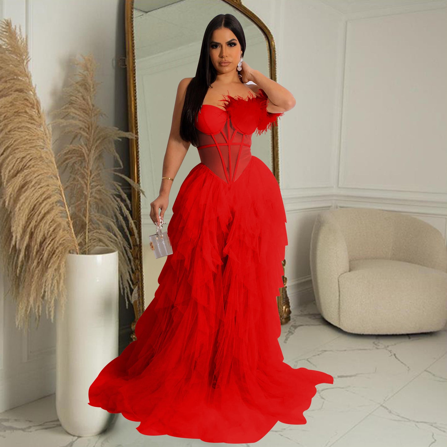 Women Wear Solid Color Sleeveless Corset Mesh Maxi Dress Dress