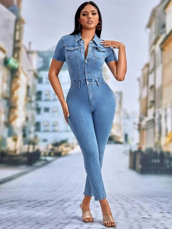 Denim Jumpsuit Women Slim Waist Elastic Jumpsuit Washed Office Jumpsuit