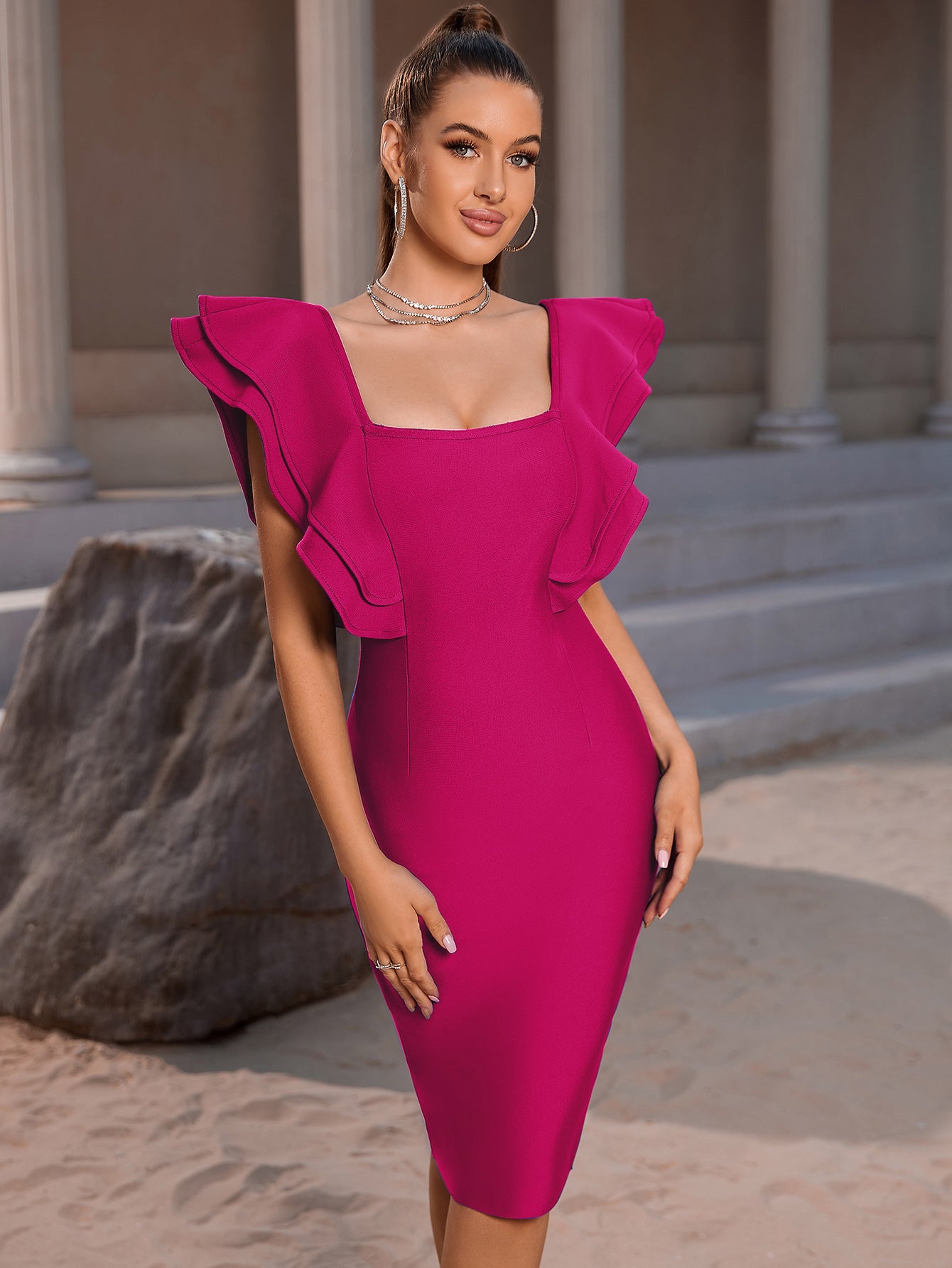 Summer Party Bandage Dress Vestido Sexy Ruffles Butterfly Sleeve Tight Club Dress