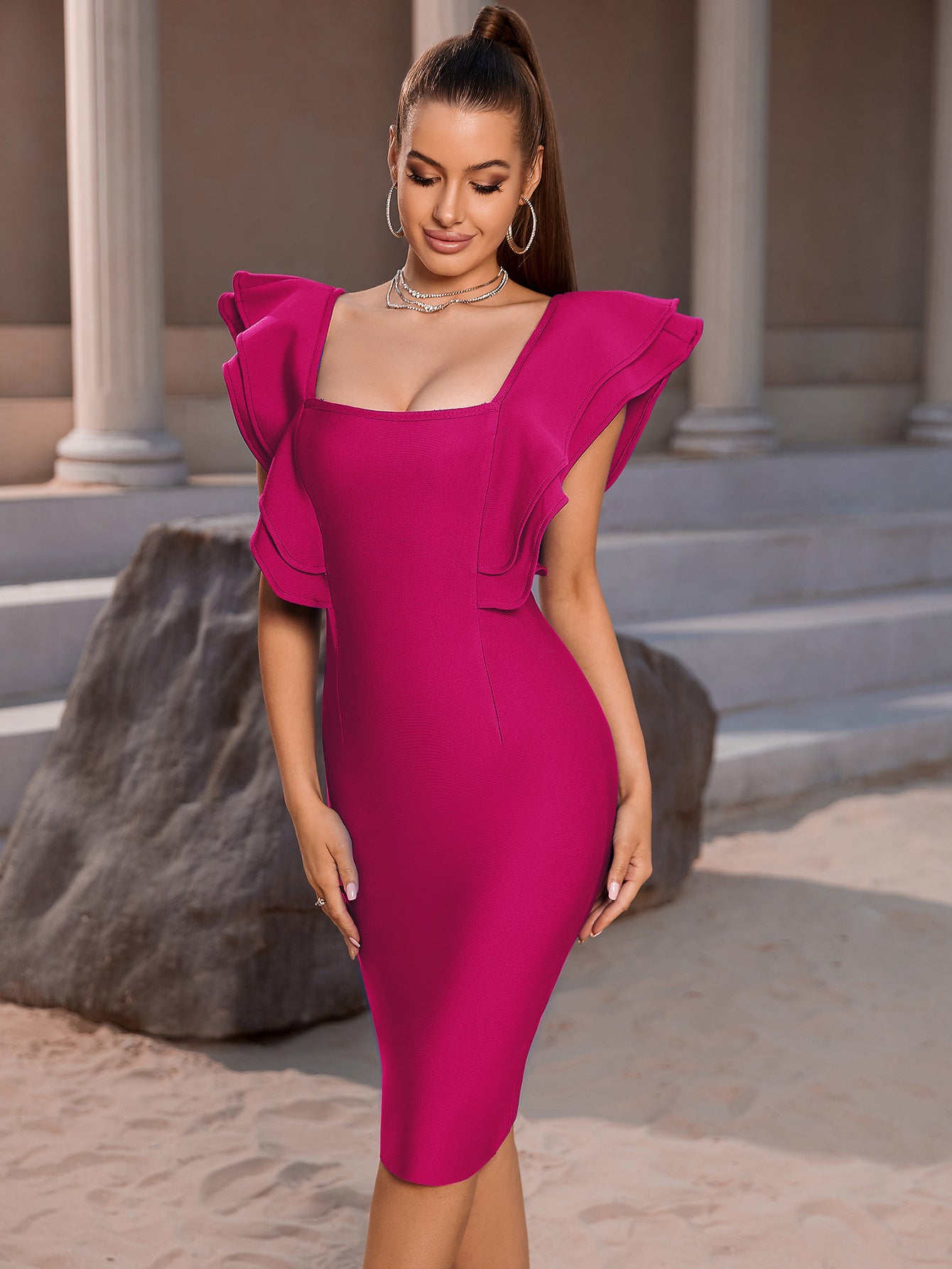 Summer Party Bandage Dress Vestido Sexy Ruffles Butterfly Sleeve Tight Club Dress