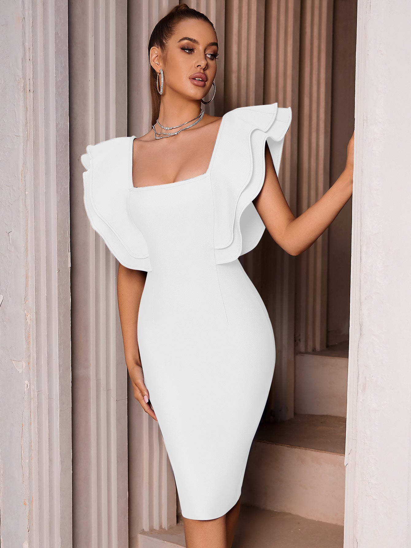 Summer Party Bandage Dress Vestido Sexy Ruffles Butterfly Sleeve Tight Club Dress