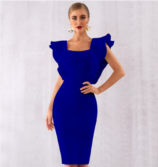 Summer Party Bandage Dress Vestido Sexy Ruffles Butterfly Sleeve Tight Club Dress