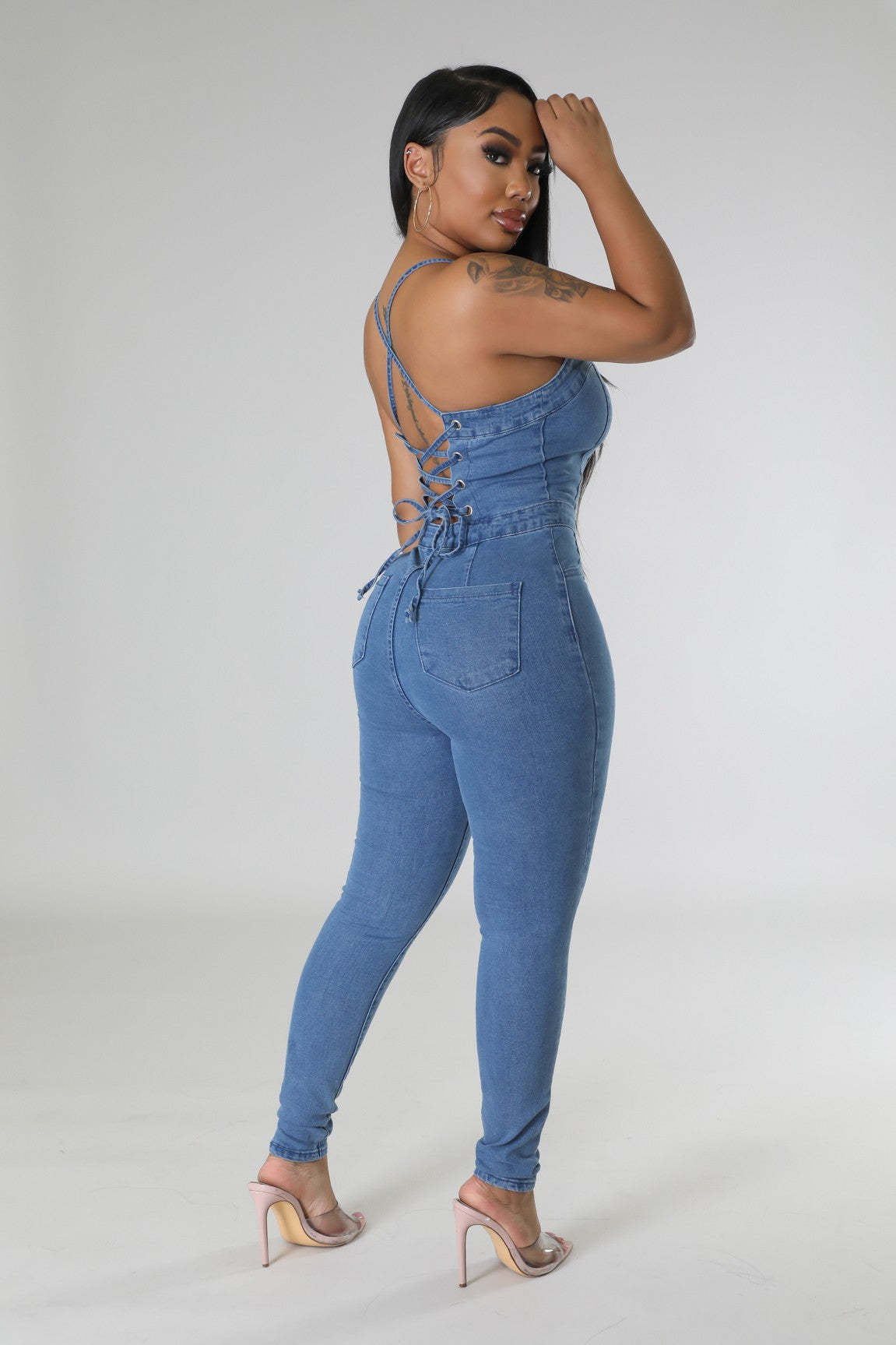 Casual Close Fitting Slim Fitting Backless Bandage Corns Denim Jumpsuit