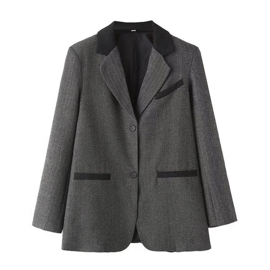 Autumn Women Herringbone Oblique Solid Color Loose Blazer Women