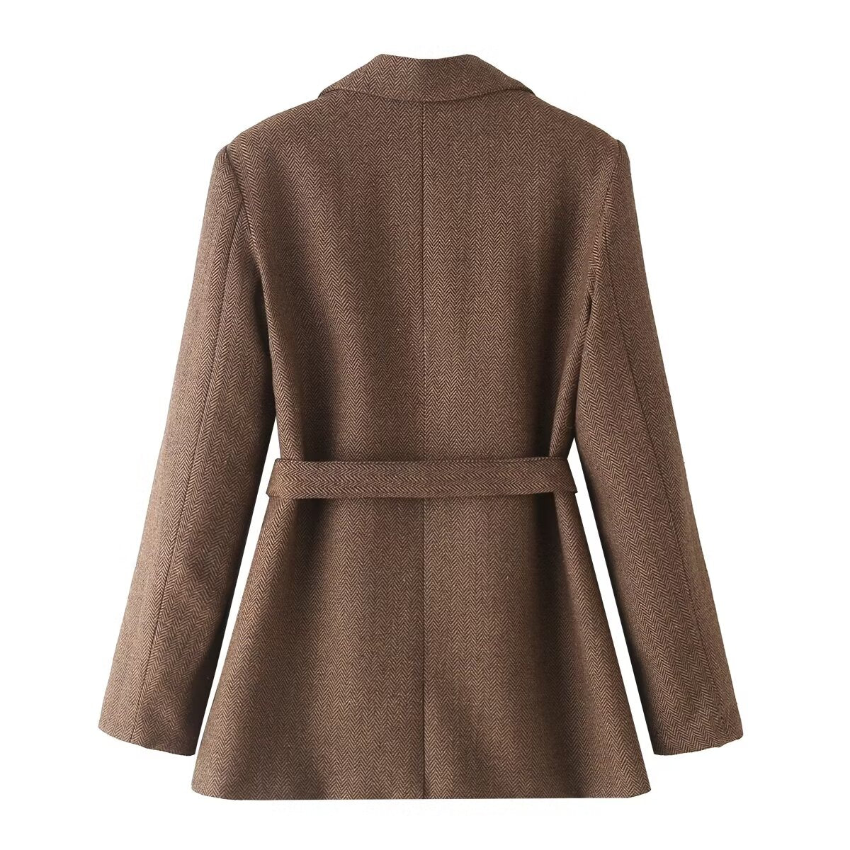 Fall Women Clothing Retro Double Breasted With Belt Slim Herringbone Oblique Blazer