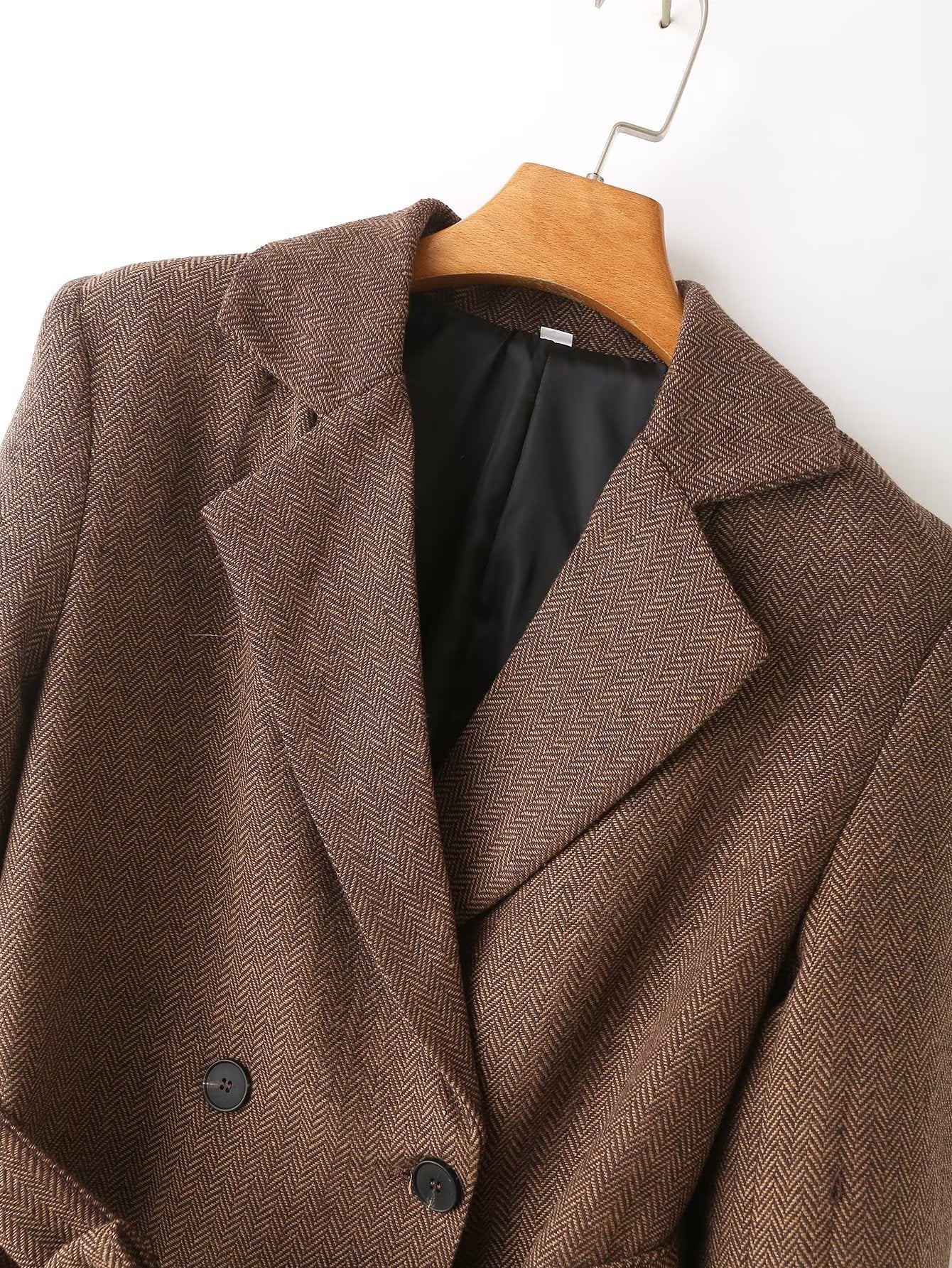 Fall Women Clothing Retro Double Breasted With Belt Slim Herringbone Oblique Blazer