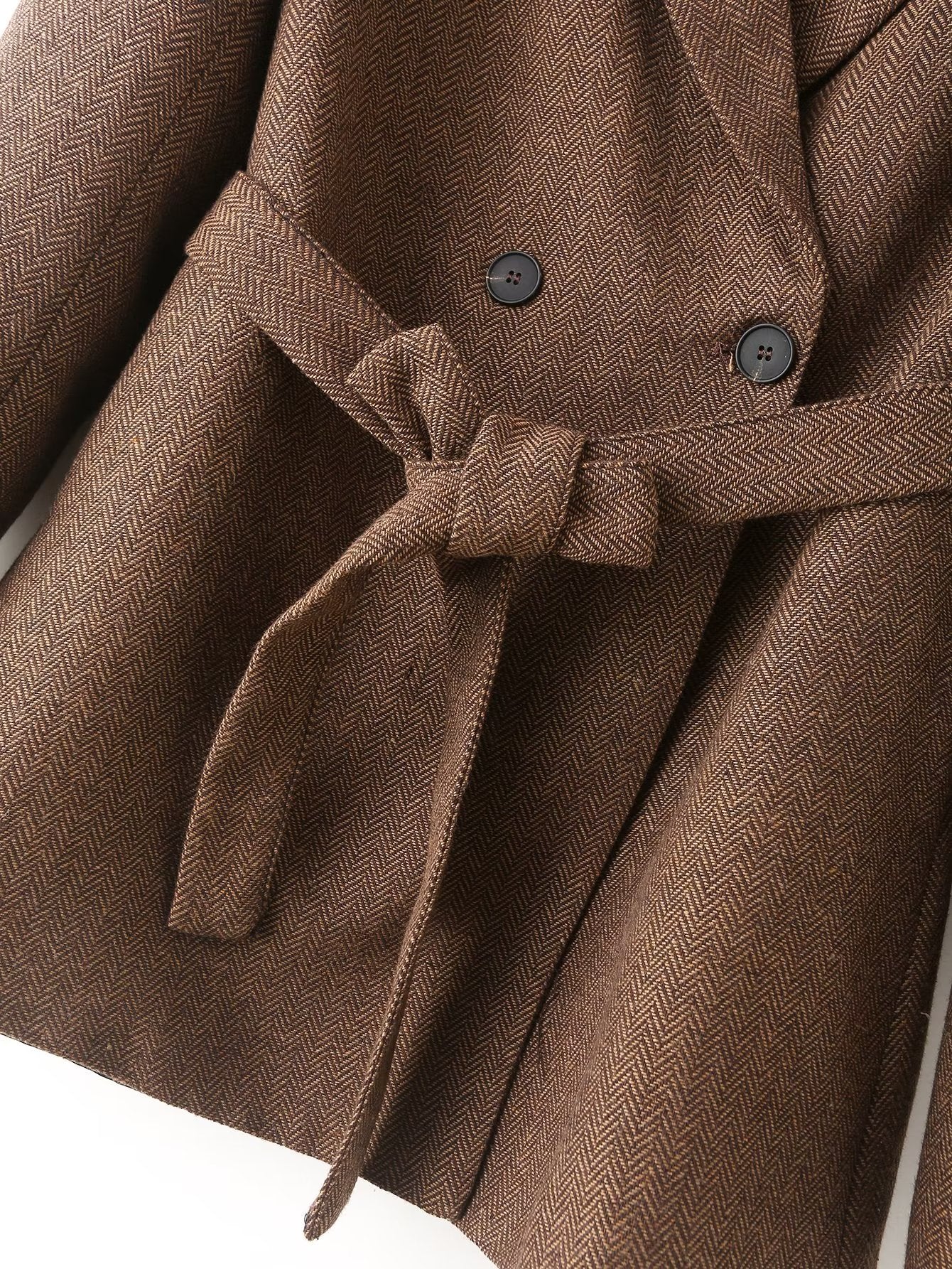 Fall Women Clothing Retro Double Breasted With Belt Slim Herringbone Oblique Blazer