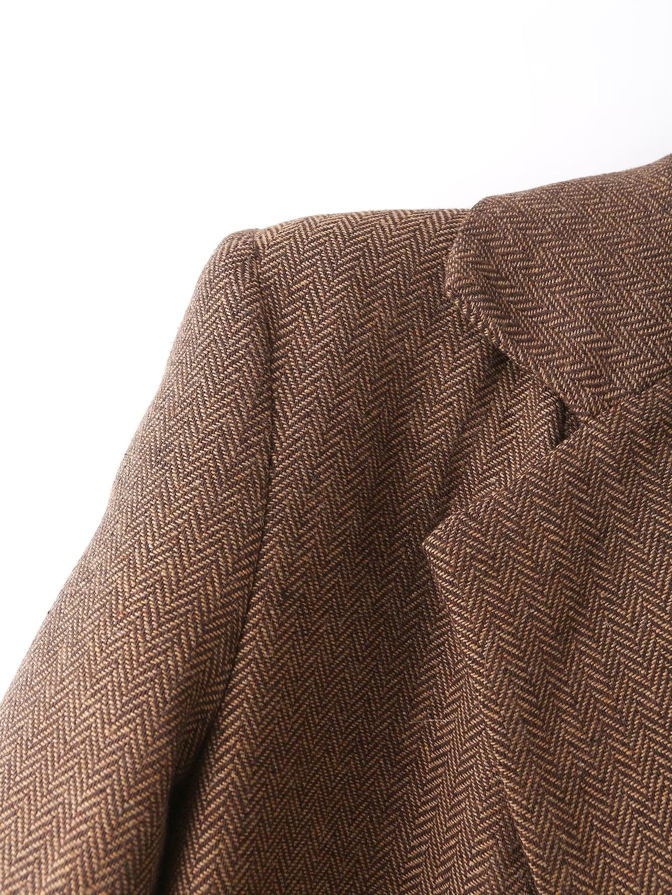 Fall Women Clothing Retro Double Breasted With Belt Slim Herringbone Oblique Blazer