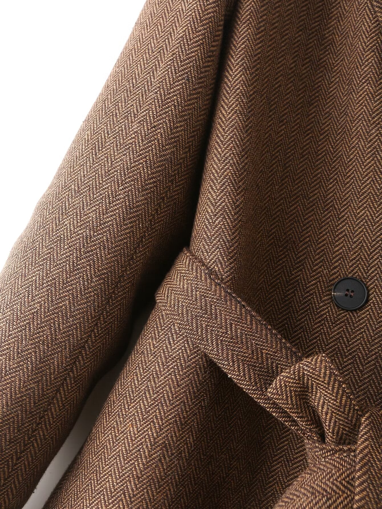 Fall Women Clothing Retro Double Breasted With Belt Slim Herringbone Oblique Blazer