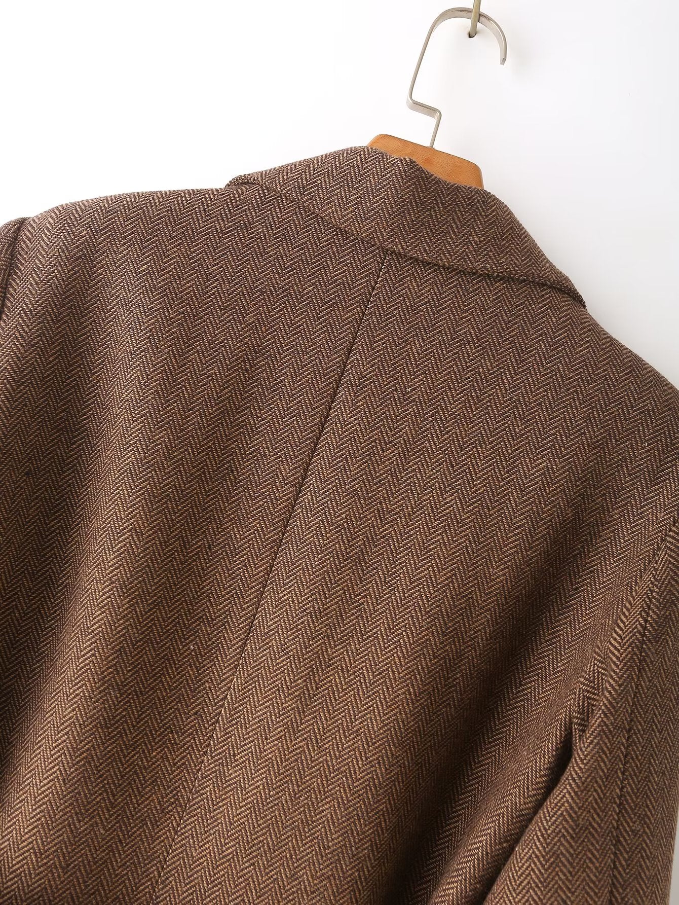 Fall Women Clothing Retro Double Breasted With Belt Slim Herringbone Oblique Blazer