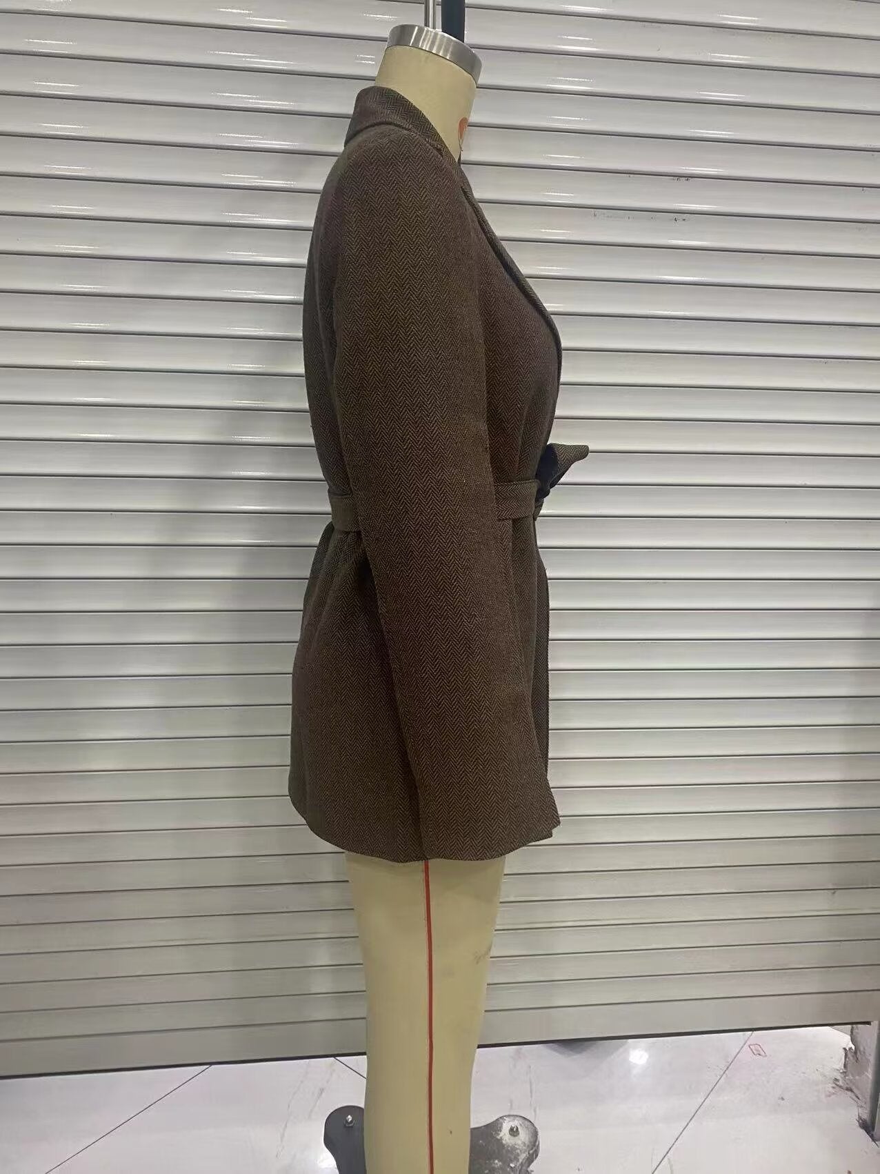 Fall Women Clothing Retro Double Breasted With Belt Slim Herringbone Oblique Blazer