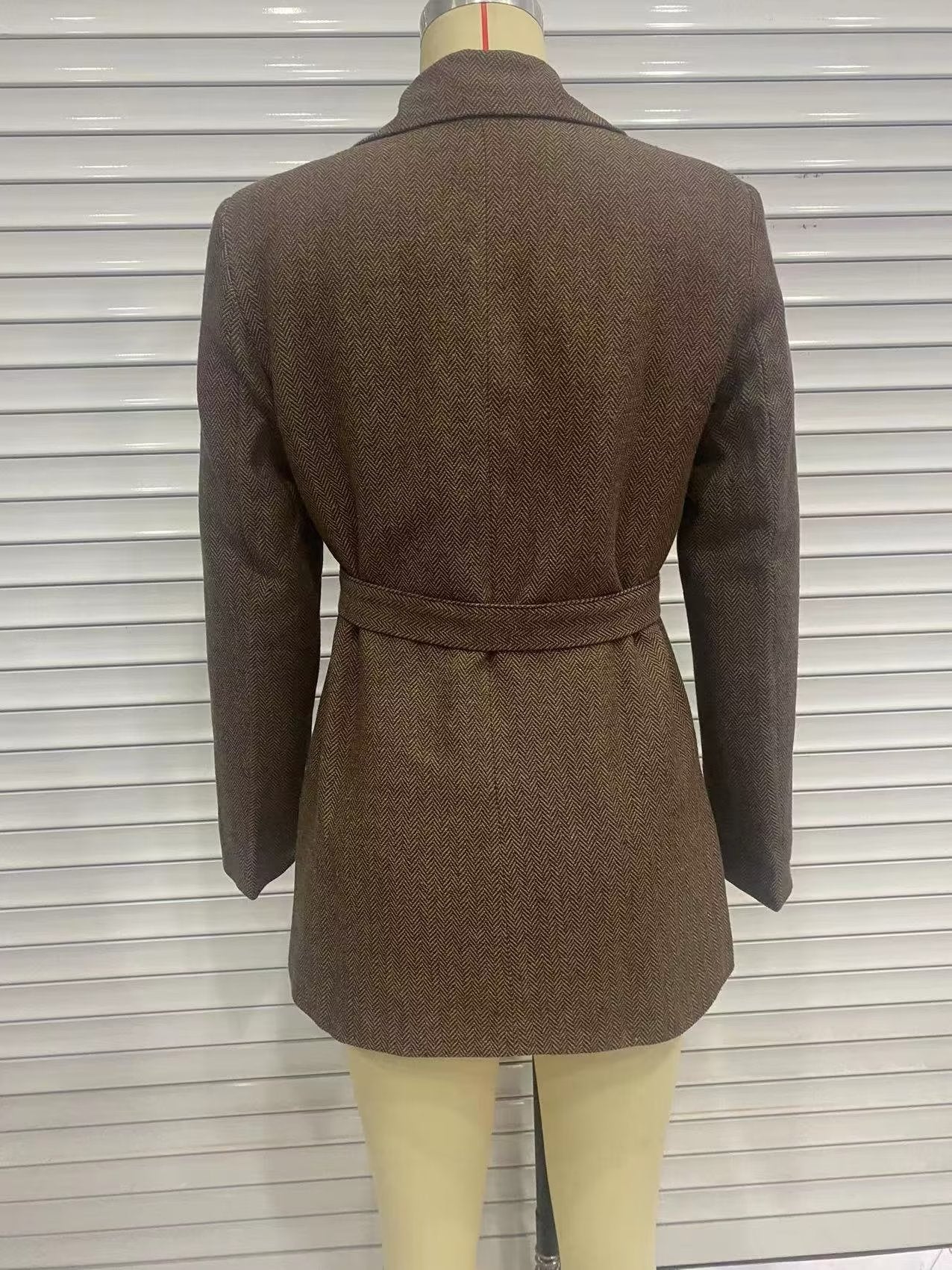 Fall Women Clothing Retro Double Breasted With Belt Slim Herringbone Oblique Blazer