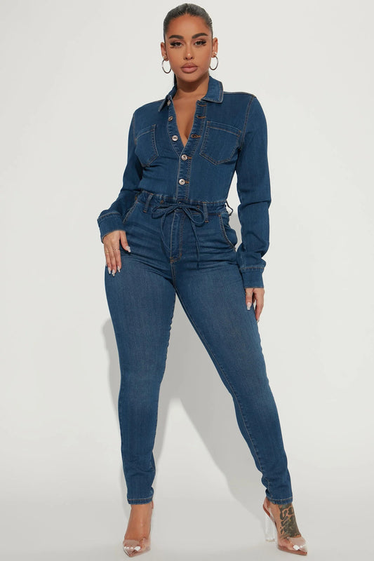 Women Sexy Long Sleeve High Elasticity Denim Jumpsuit