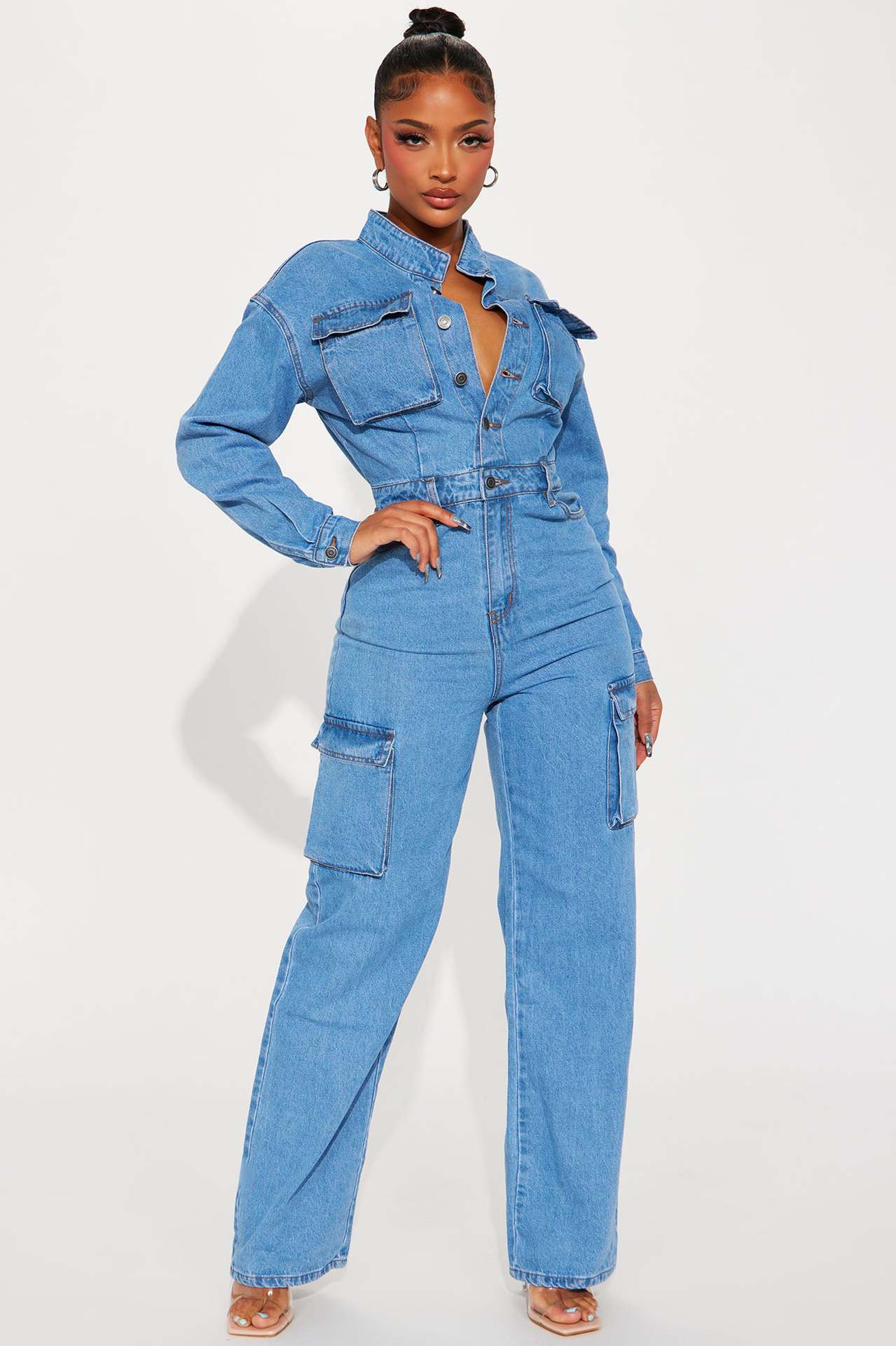 Stretch Bellows Pocket W'ash Denim Jumpsuit Jumpsuit Bell Bottom Pants Overalls