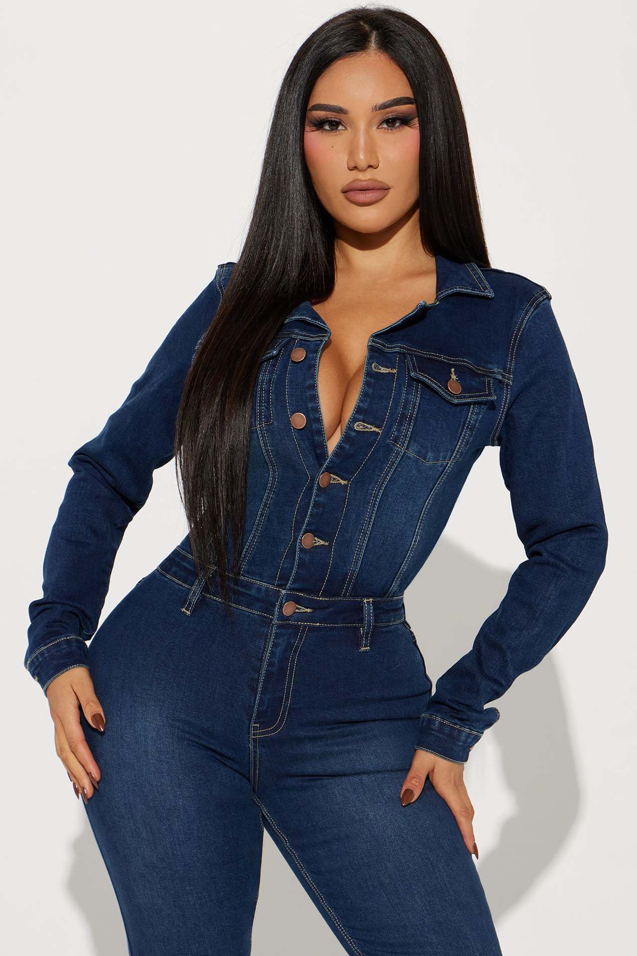 Women Slim Stretch Trumpet Wash Long Sleeve Denim Jumpsuit Jumpsuit