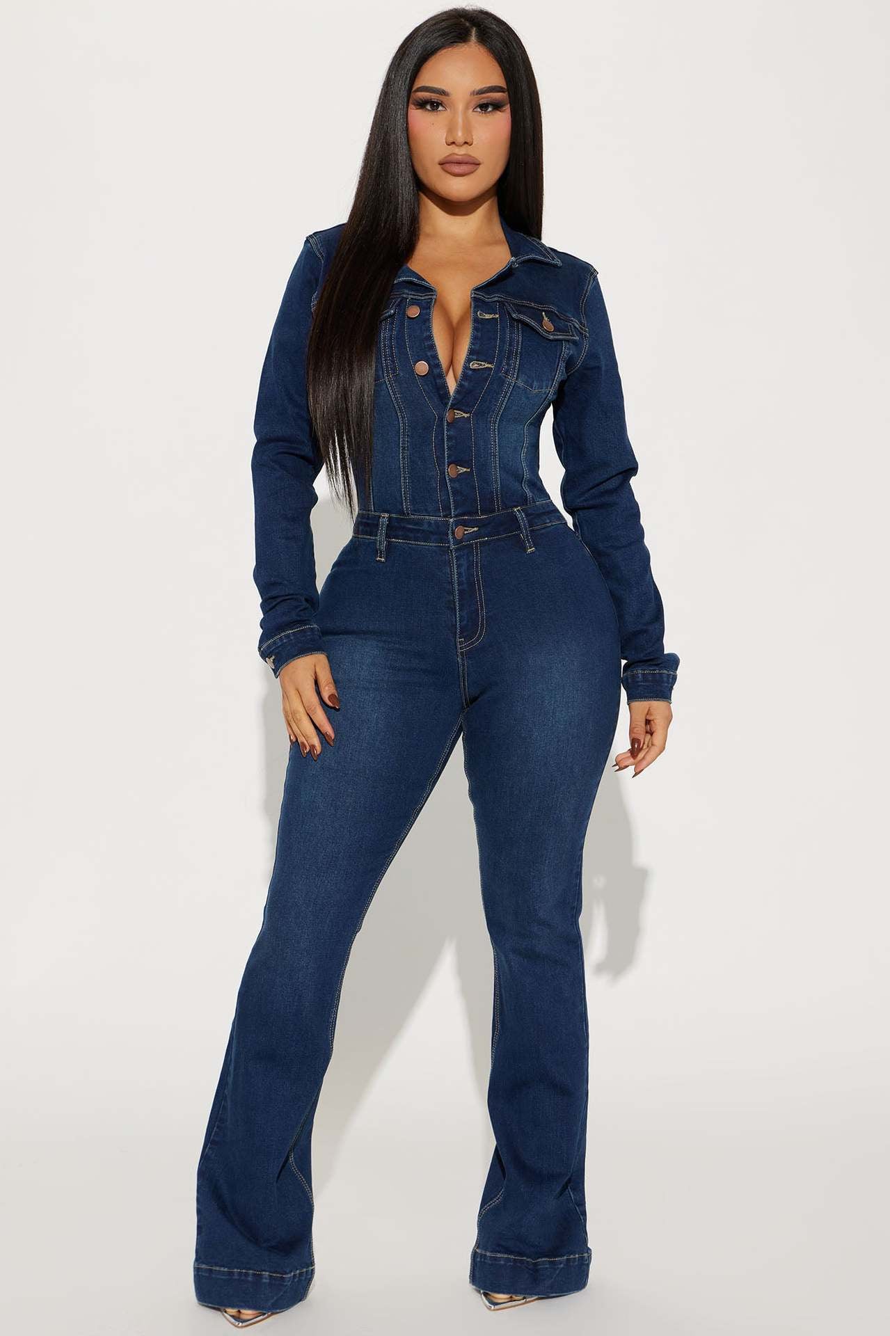 Women Slim Stretch Trumpet Wash Long Sleeve Denim Jumpsuit Jumpsuit