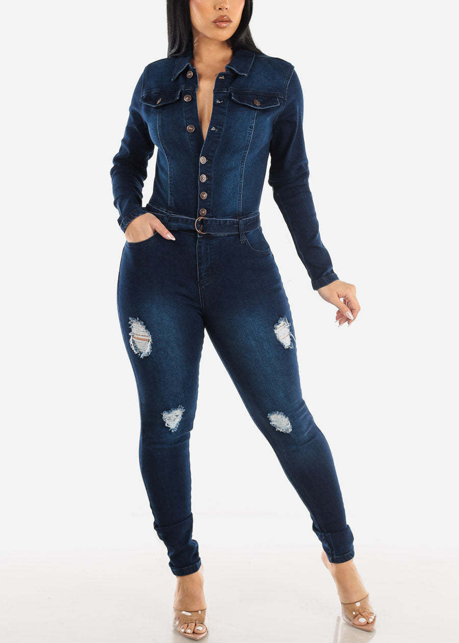 Slim Elastic Tight Ripped Washed Long Sleeve Denim Jumpsuit Jumpsuit