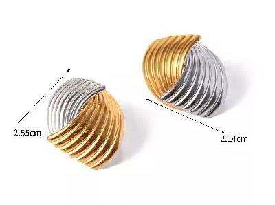 Internet Celebrity Small Gold Ear Ring Clip Personality 18K Gold Stainless Steel Striped Texture Staggered Stud Earrings Accessories