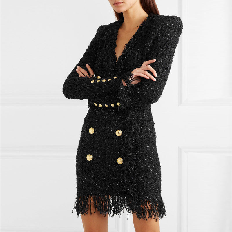 Bright Silk Woolen Tassel Double Breasted V neck Long-Sleeved Slim Fit Short Dress Coat