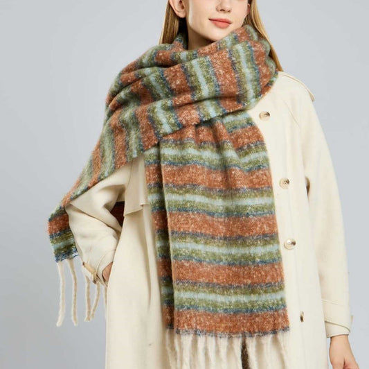 Mohair Winter Striped Scarf Women Warm Color Matching Cashmere High Grade Thickened Scarf Shawl