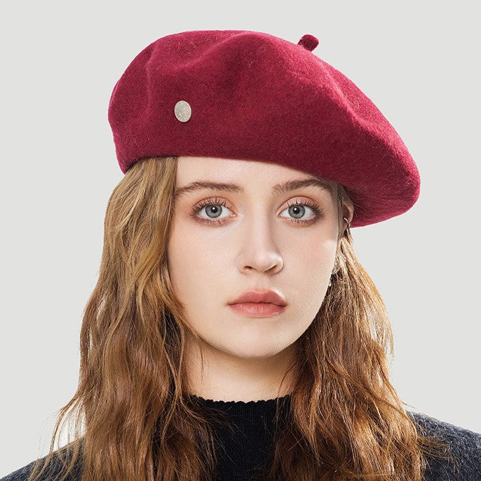 Autumn Winter Simple All Match Metal round Label Solid Color Wool Beret Retro High Sense Painter Cap