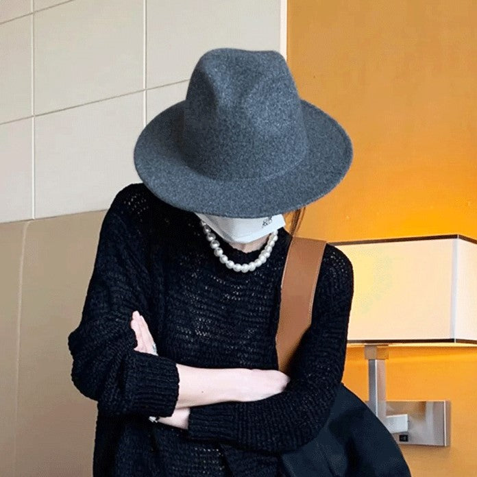 Black Wool Flat Brim Top Hat Women Autumn Winter Retro British Holiday Vacation Western Denim Hat